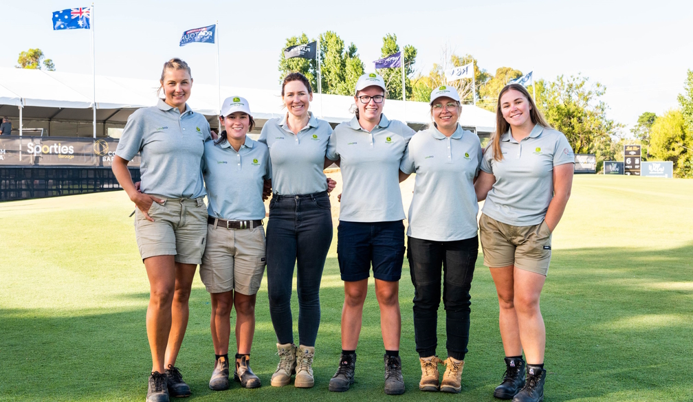 The six female greenskeepers who volunteered at the TPS Murray River tournament to launch the John Deere Women in Turf program (left to right): Martyna Synak, Annabelle Southall, Penny Deehan, Kasey Williams, Brody Cooper, Lilly Dahtler.